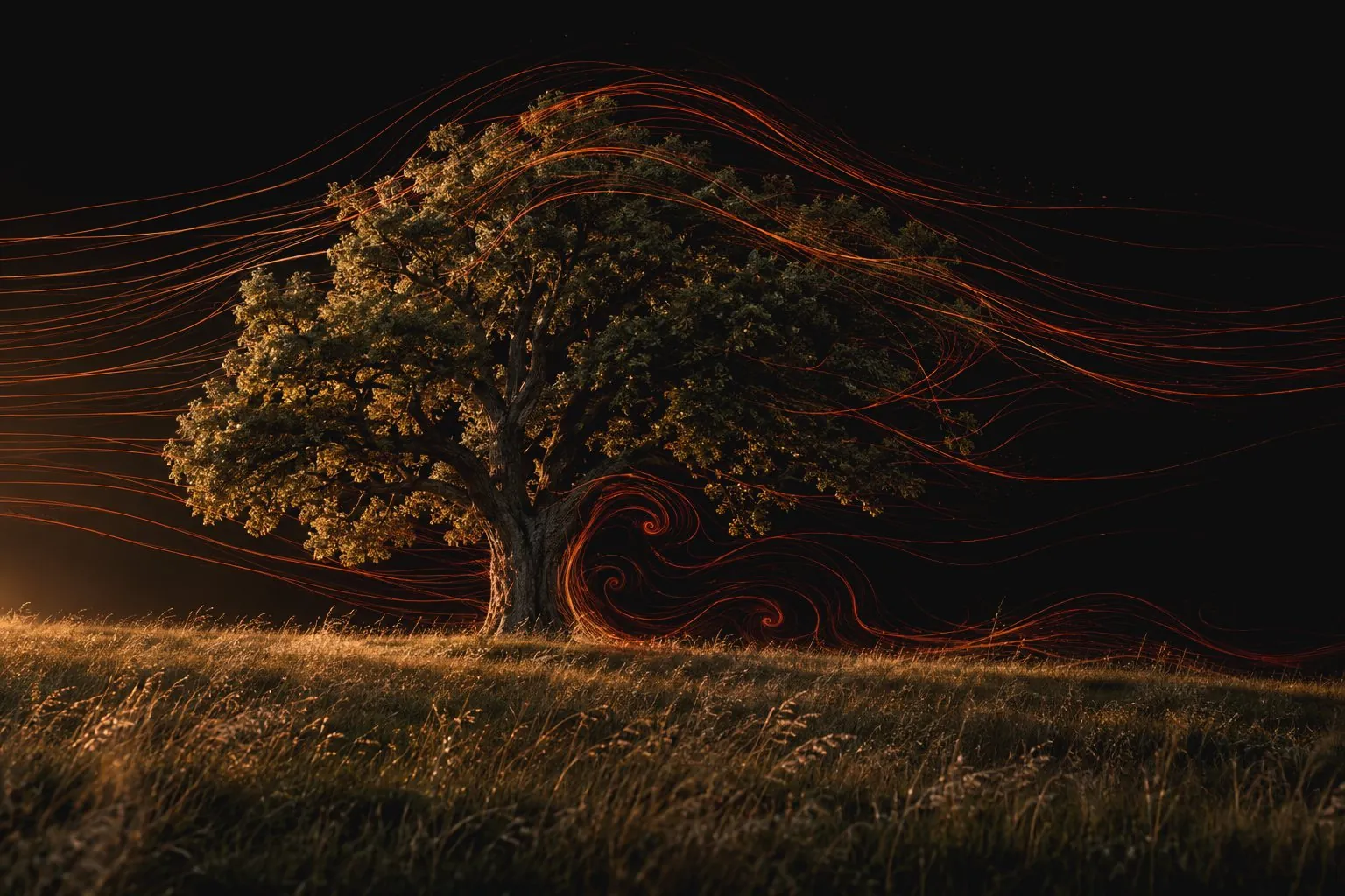 Derselbe Baum; feine ziegelrote Linien machen den Wind sichtbar, der von links um die Krone und den Stamm strömt